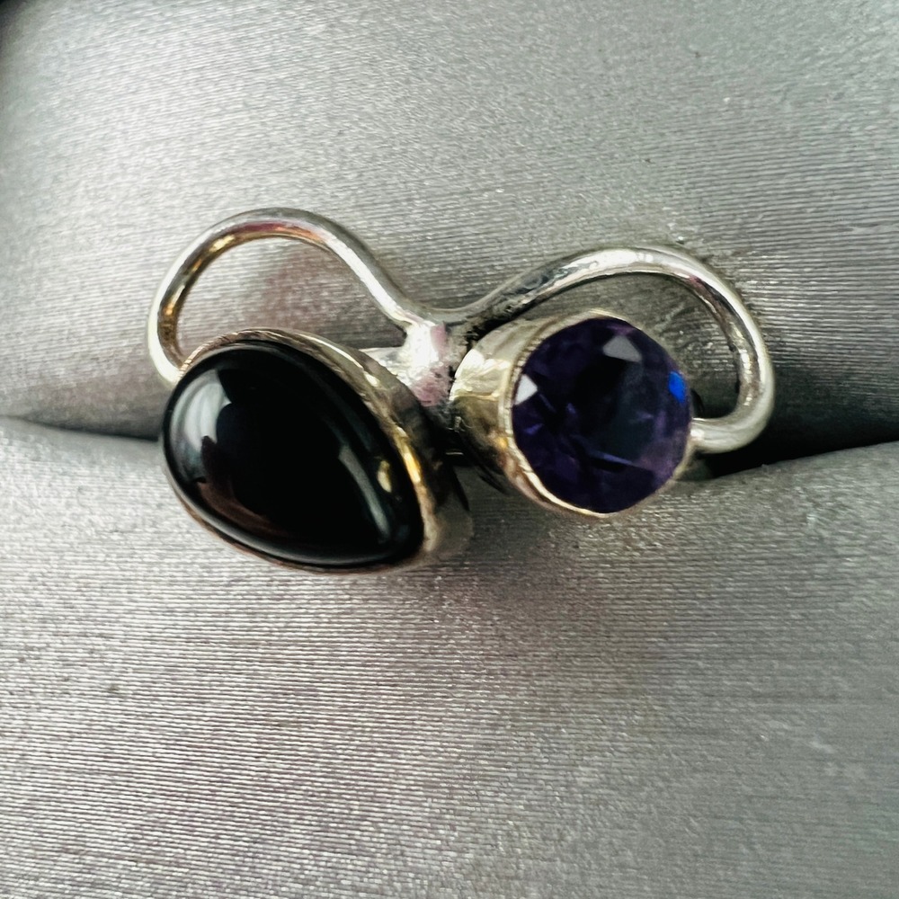 Silver Tone Bypass Ring Amethyst‎ Black Cabochon Stone Size 6 Boho Chic